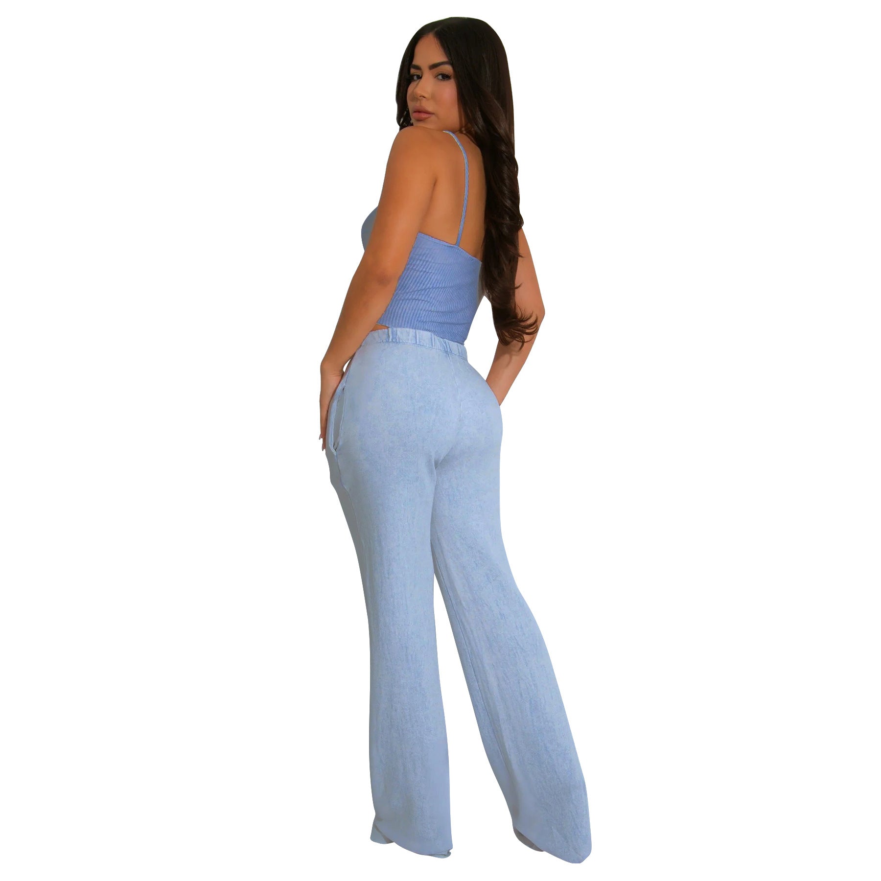 Women Sexy Cotton Washed Strapless Top and Pant Two-Piece Set 44