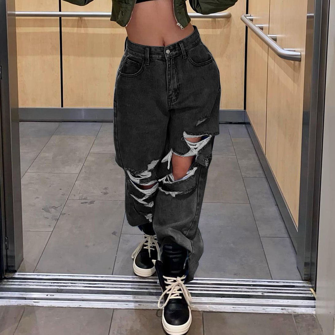 Hip-Hop Loose Straight Denim Pants Washed Distressed Same Trousers 7