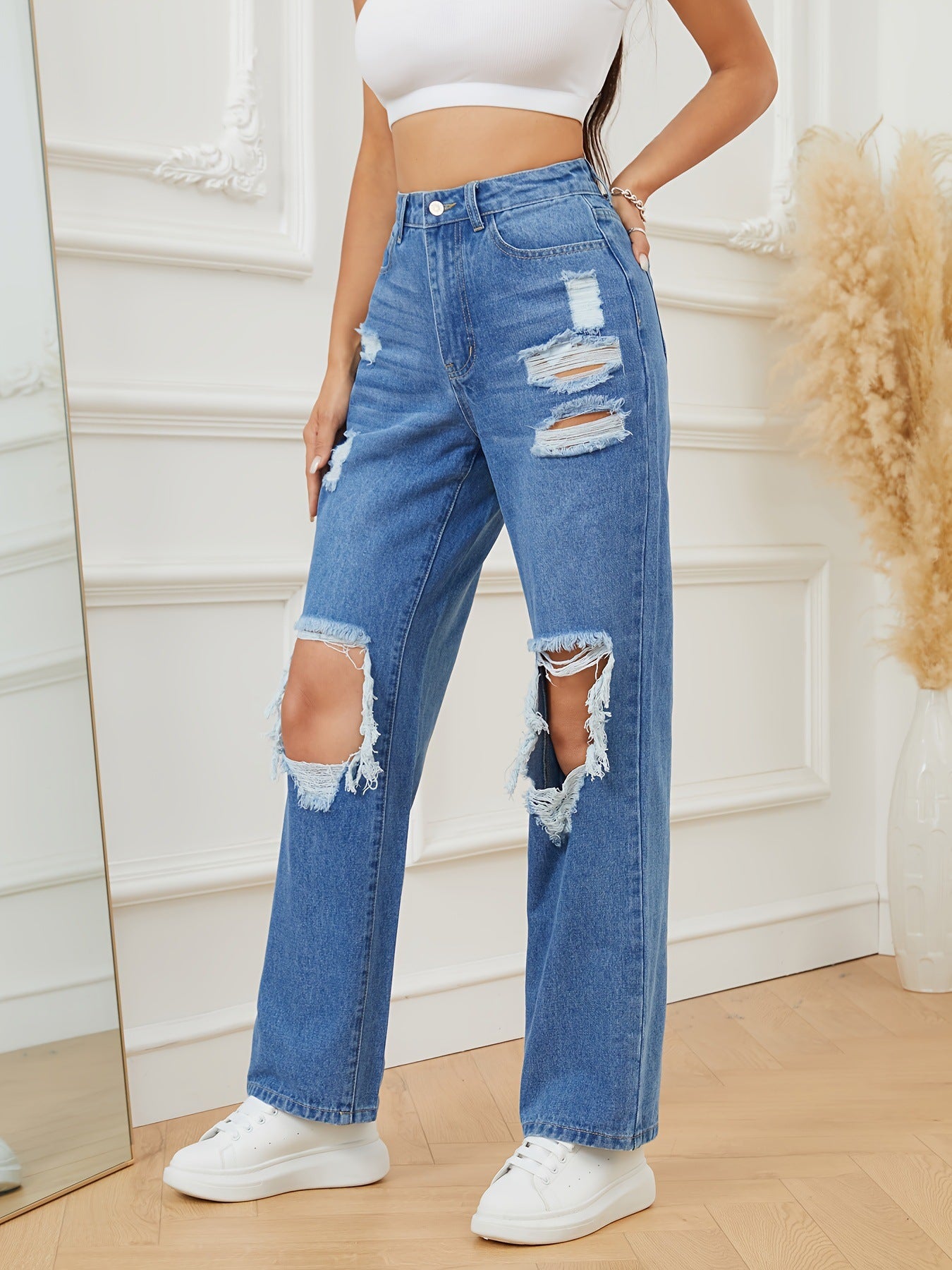 Women Vintage Ripped Straight Denim Pants 4