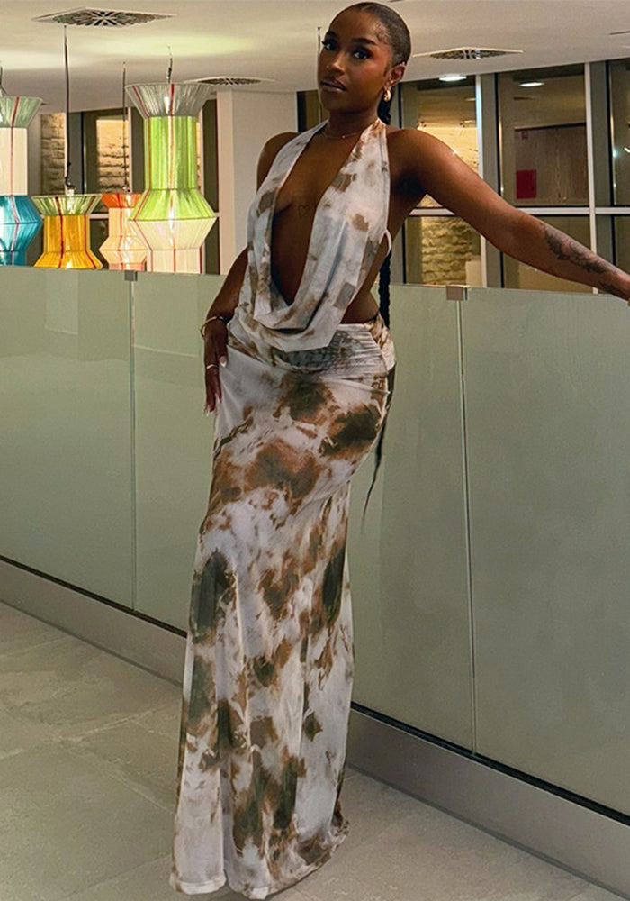 Women Casual Printed Pleated Backless Sleeveless Lace-up V Neck Top and Long SkirtTwo Piece Set