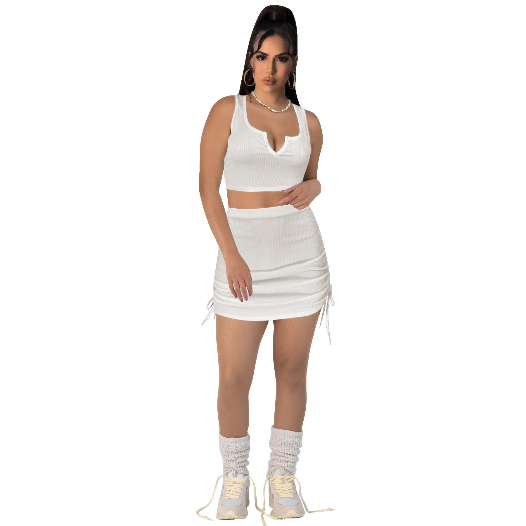 Women Stretch sexy v-neck Top and drawstring Solid Skirt two-piece set 14