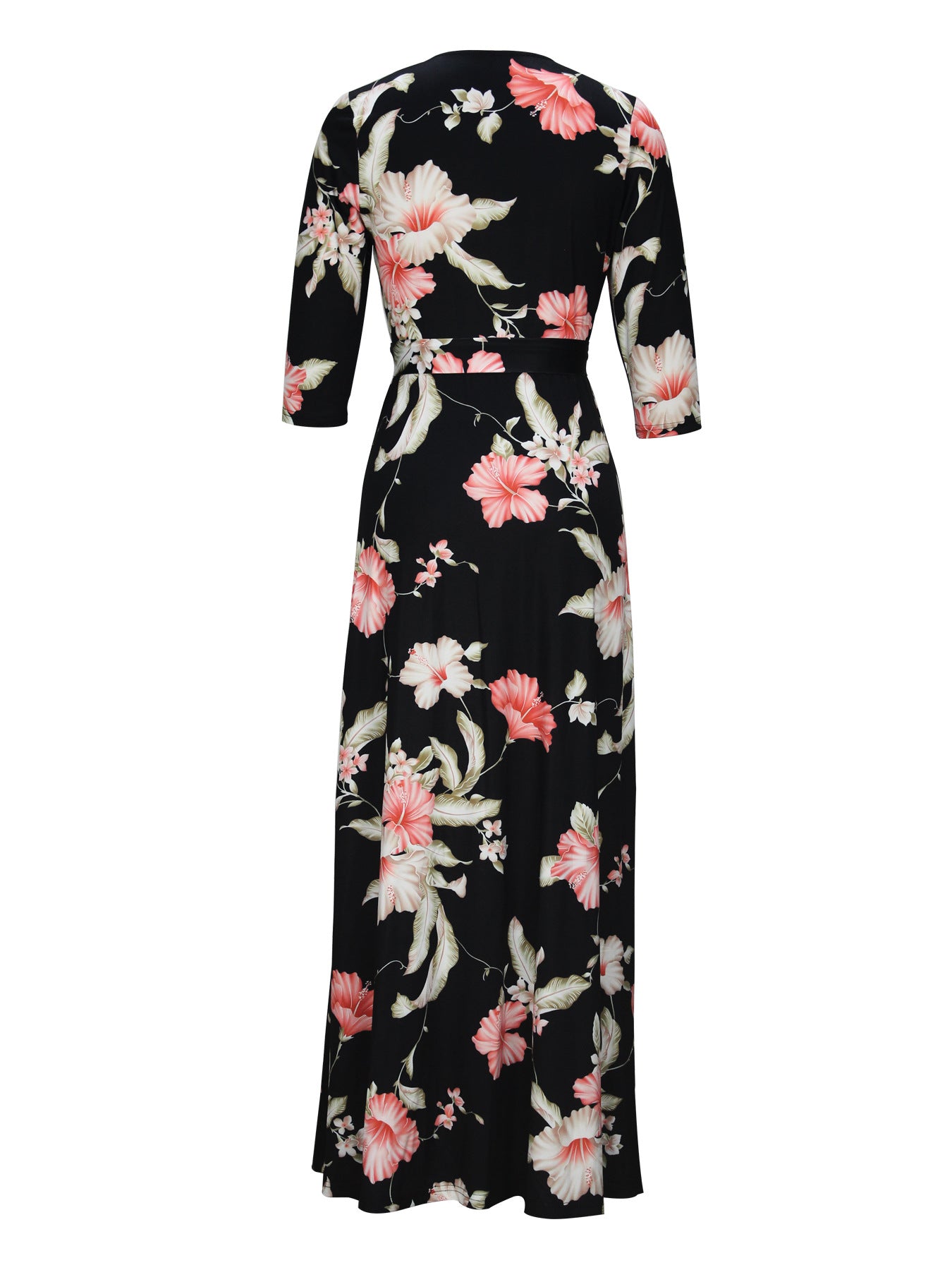 Spring & Autumn Women's Fashion Elegant Wrap V-Neck Half-Sleeve Print Belt Maxi Dress 99