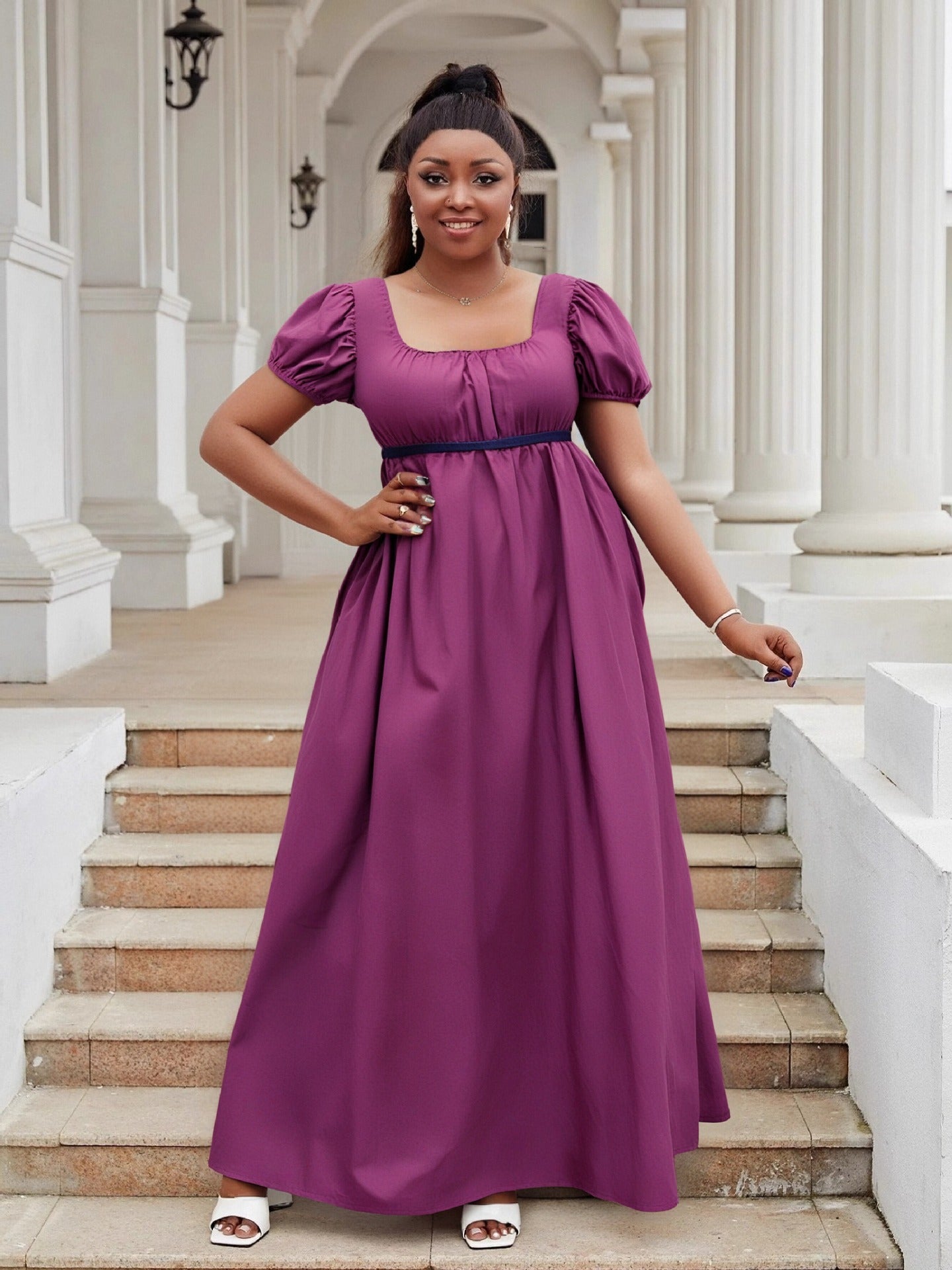 Puff Sleeve High Waist Ball Dress Elegant Plus Size Evening Gown 11