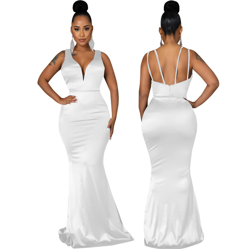 Sexy Fashion Deep V Neck Sleeveless Mermaid Gown Women's Solid Color Evening Dress 3