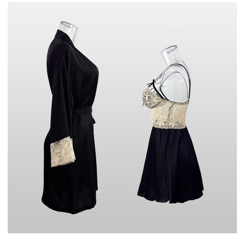 Deep V neck Lace Bow Satin Night Dress Robe Two Piece Sleepwear Set 6