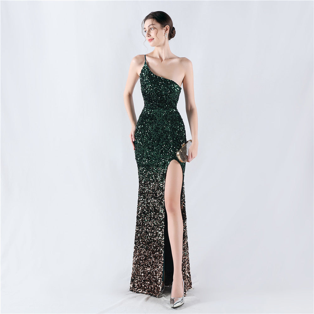 Gradient Sequins High Slit Slash Shoulder Sexy Evening Dress 12