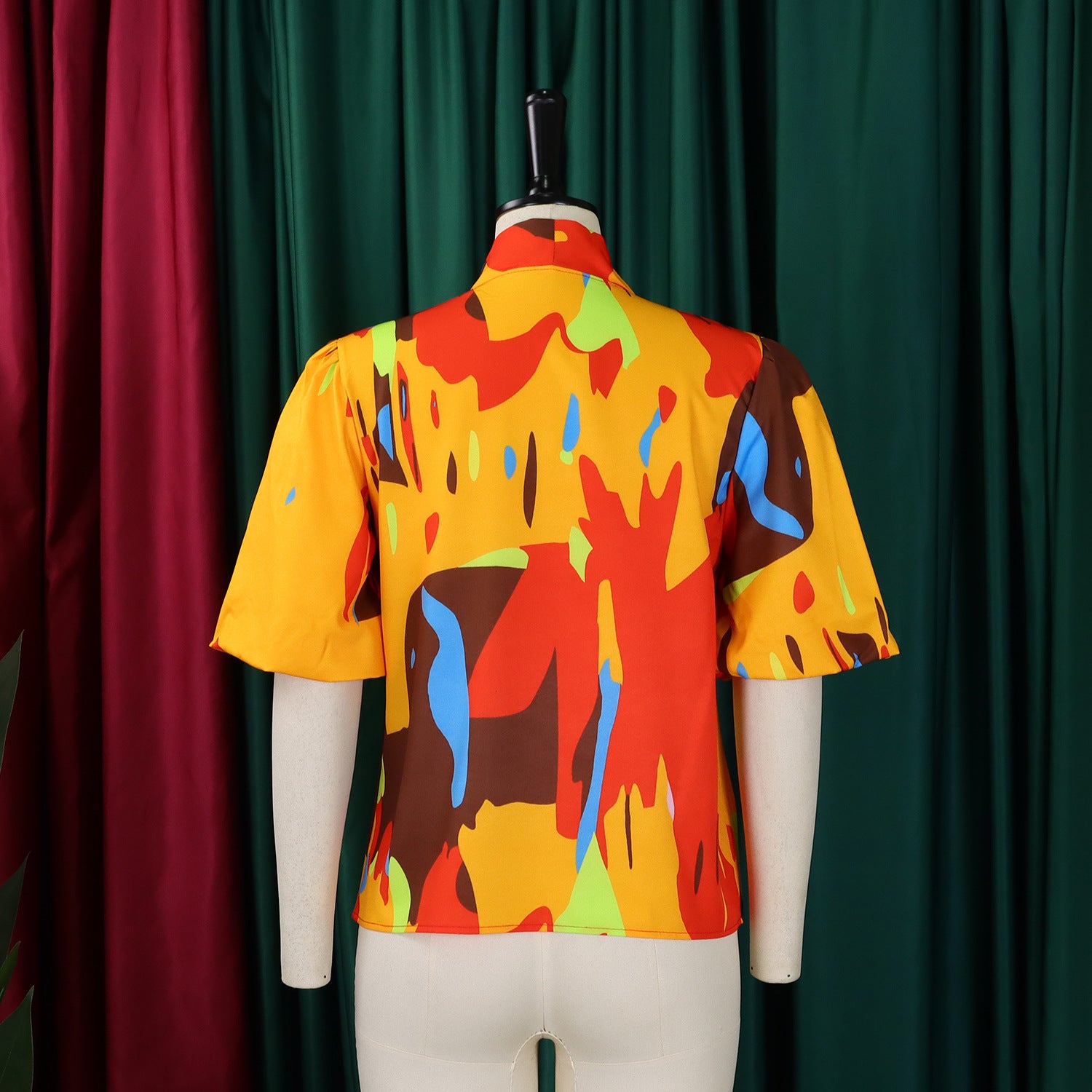 Women Printed Lace-Up Bubble Short Sleeve Shirt Top 8