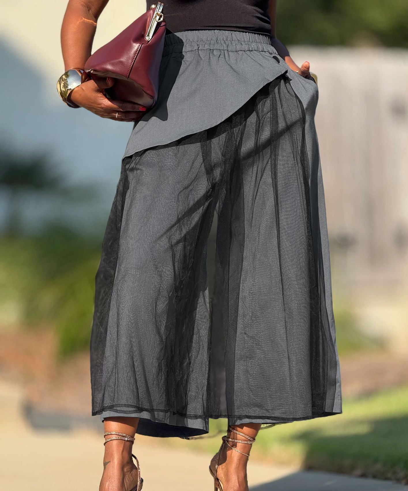 Women's Patchwork Mesh Fashion Wide-Leg False Two-Piece Casual Pants 3