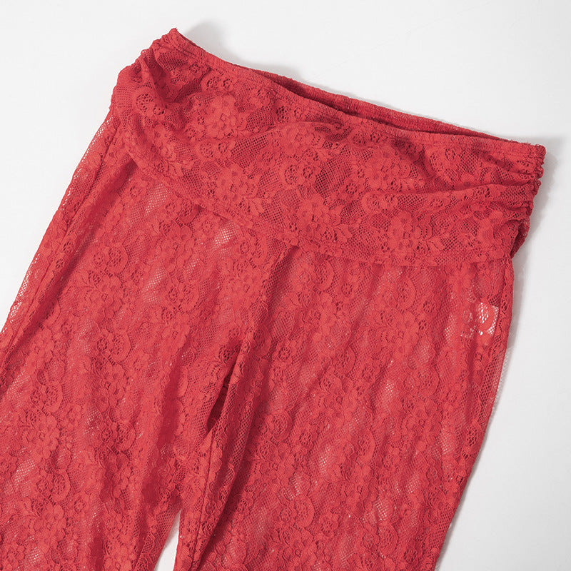 Women's Spring Solid Casual Lace Crop Strapless Top Slim Bell Bottom Pants Two Piece Set 17