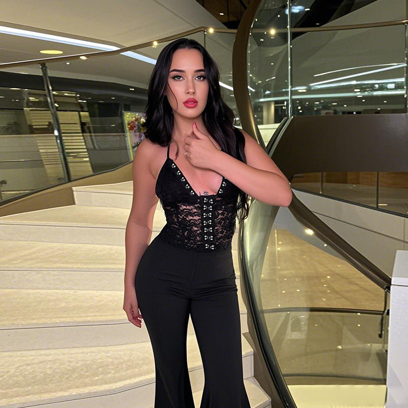 Women Summer Halter Neck Sexy Lace Suspender Jumpsuits