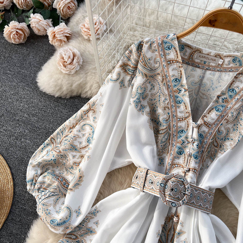 Women Spring French Vintage Print Single-Breasted V-Neck Lantern Sleeve Maxi Dress 12