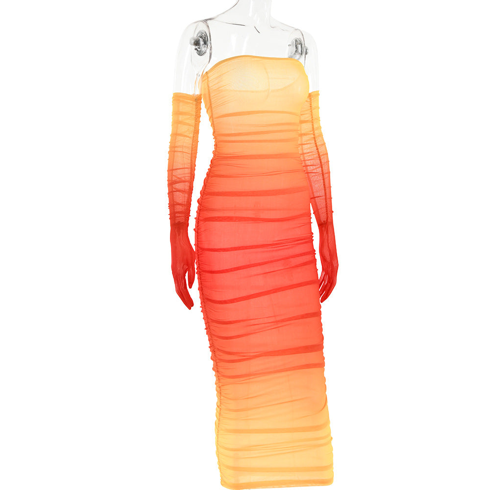 Women Mesh Gradient Off Shoulder Strapless Backless Dress 17