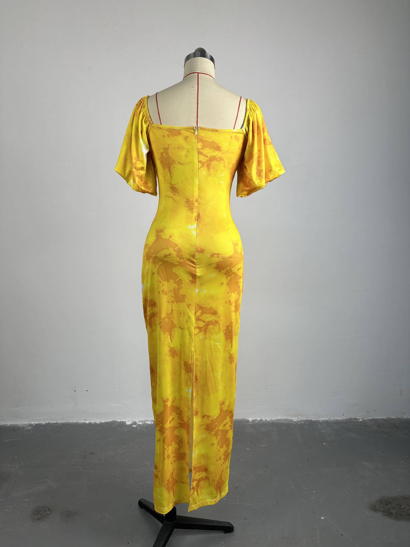 Women Summer Printed Puff Sleeve Square Neck Maxi Slit Dress 17