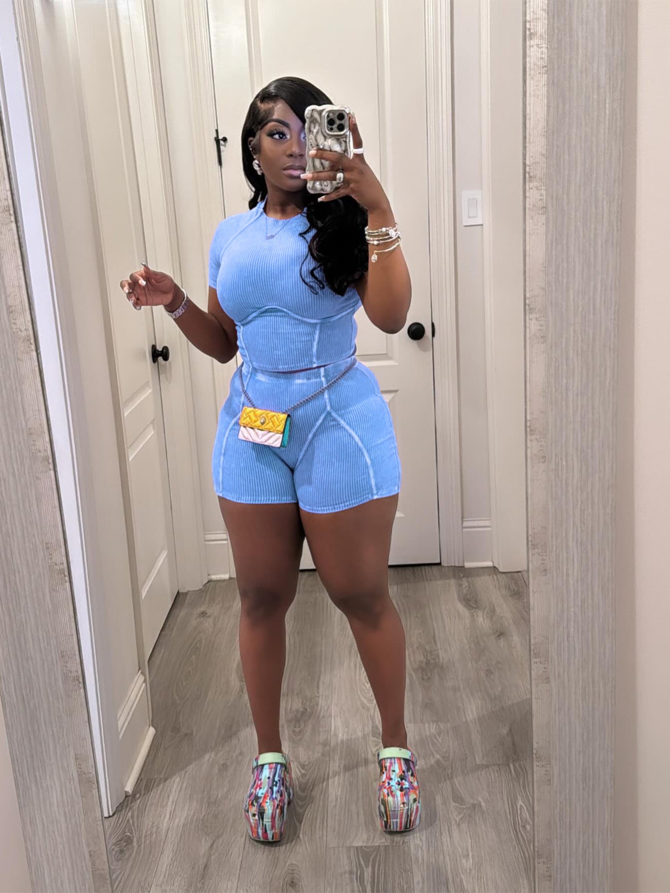 Women Fashion Ribbed Washed faded two-piece shorts set 11