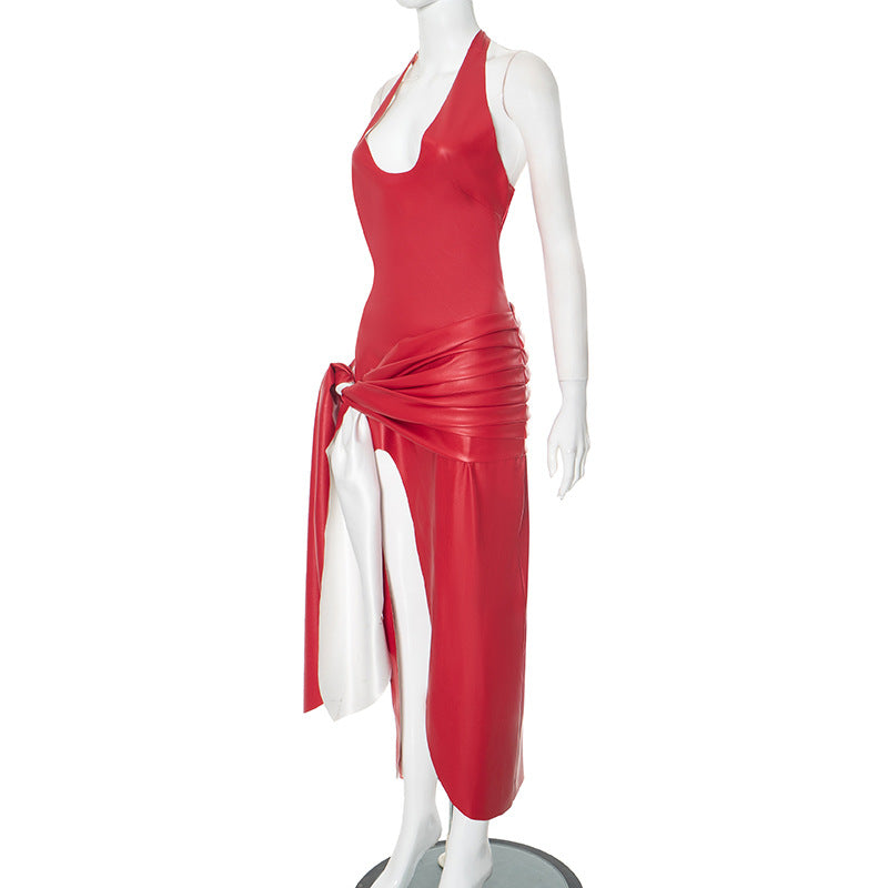 Spring Summer Sexy Deep V Halter Neck Lace Up Slit Dress 9