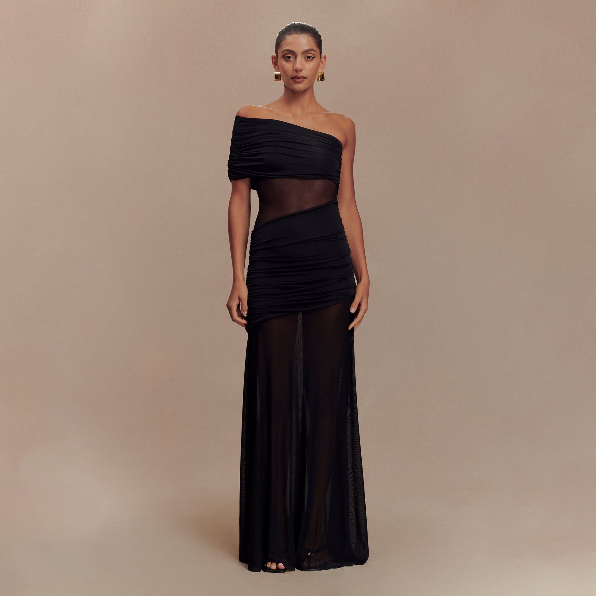 Spring fashionable off-shoulder chic sexy mesh patchwork slim dress