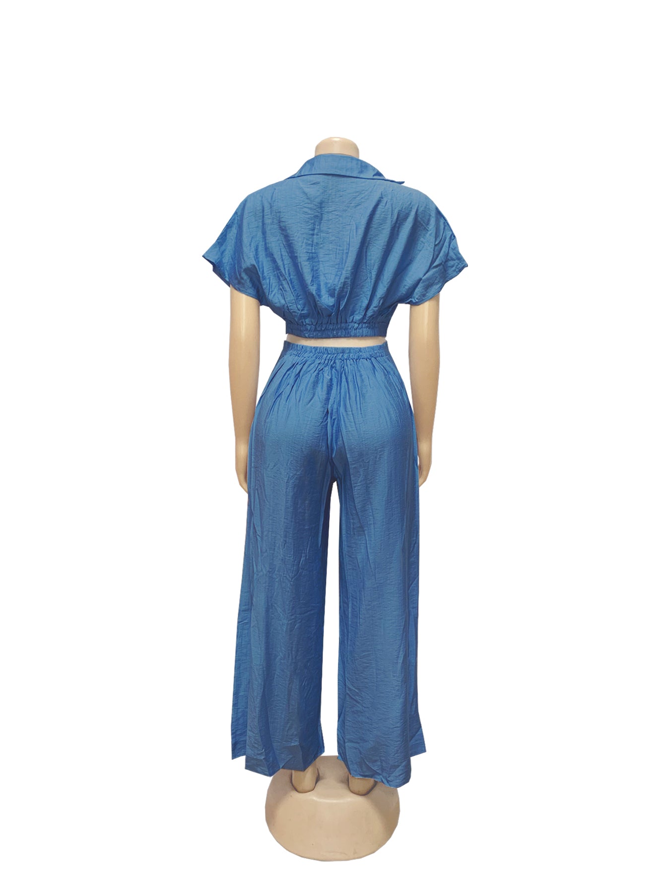 Women Casual Holidays Summer Turndown Collar Short Top & High-Waist Wide-Leg Pants Set 33