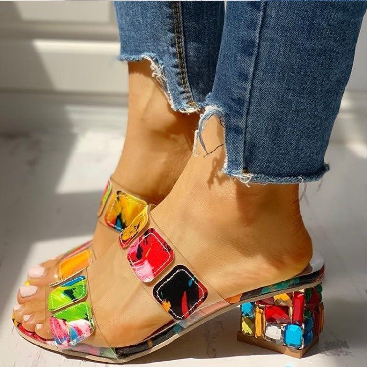 Women's Slippers Rhinestone Thick Heel One Word Sandals And Slippers Color Matching Medium Heel Plus Size Women's Shoes 4