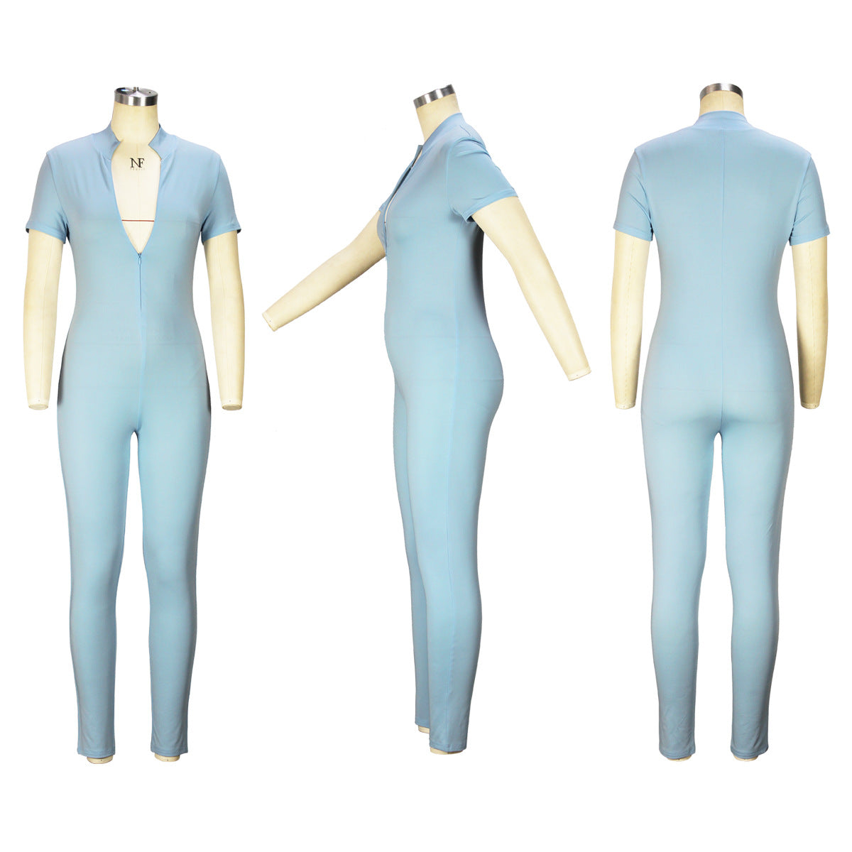 Sexy Ladies Jumpsuit Tight Spring Summer Slim Short Sleeve Zipper Tight Jumpsuit 14