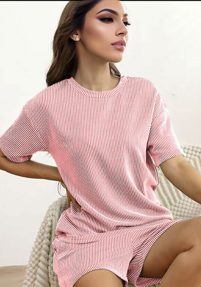 Women Summer Knitting Casual Solid Short Sleeve Top and Shorts Two Piece Set