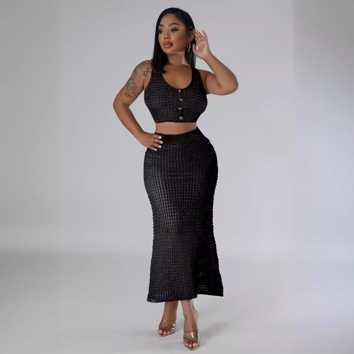 Women tassel fishnet knitting Casual Top and Skirt two-piece set 6