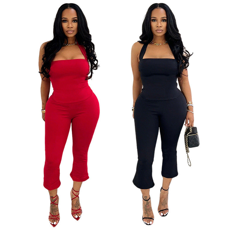 Women Summer Strapless Halter Neck Top and Solid Pants Two Piece Set 14