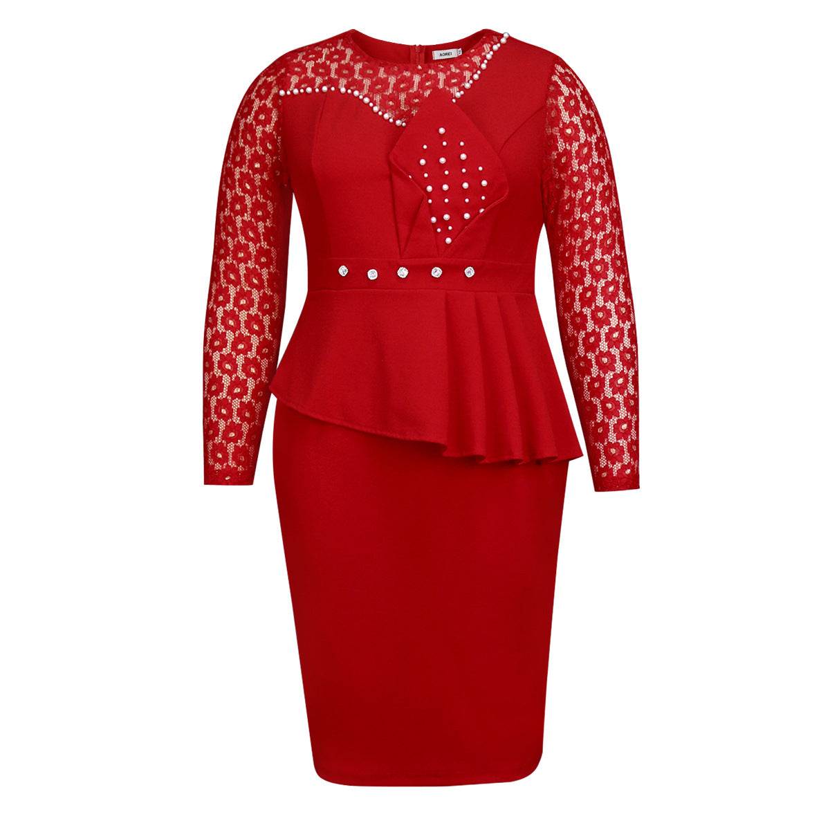Lace Patchwork Round Neck Long Sleeve Bodycon Chic Beaded Formal Party Dress 6