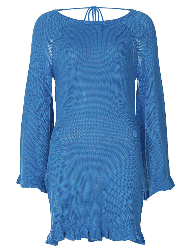 Winter Sexy Knitting Tie Low Back Bell Bottom Long Sleeve Solid Color Dress 8