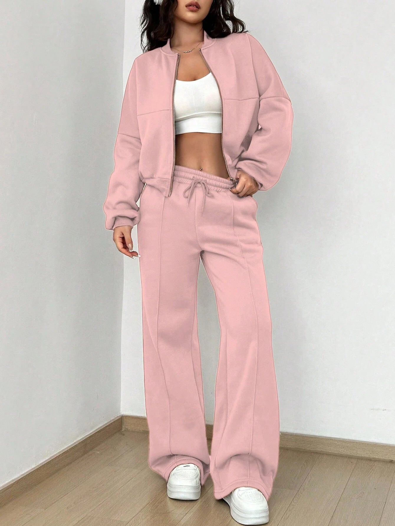 Spring autumn two-piece trendy solid color zipper long sleeve loose top elastic sweatpants two-piece set 5