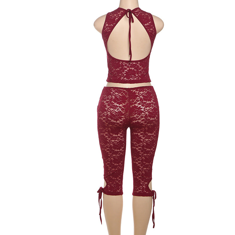 Summer fashion sexy low-cut lace Patchwork two piece shorts set for women 7