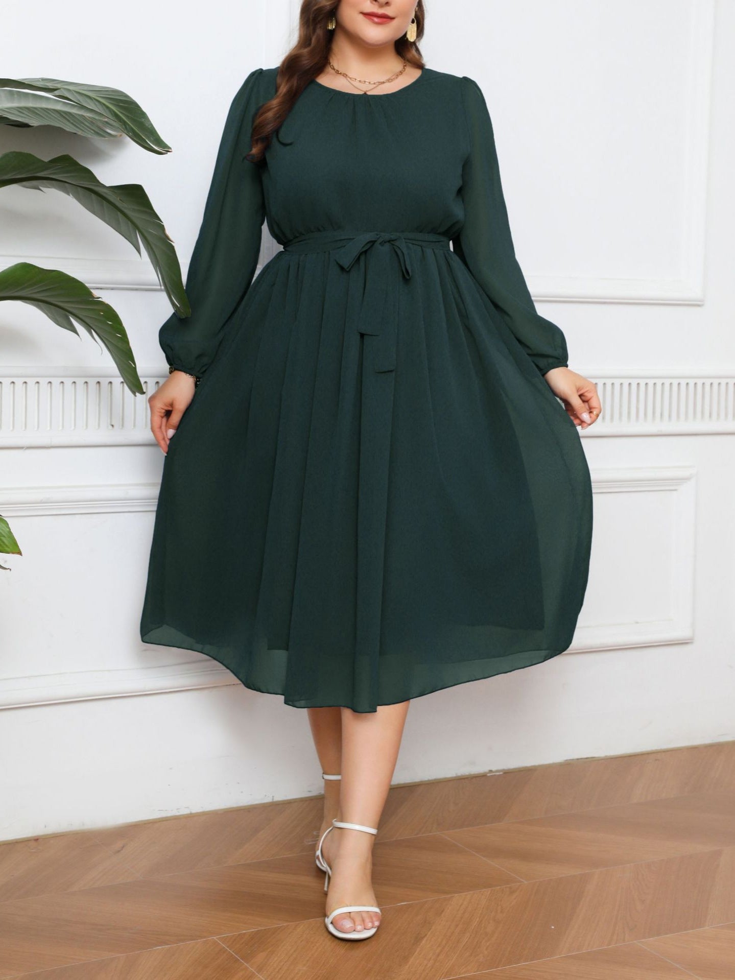 Long Sleeve Plus Size Women's Solid Chiffon Dress 3