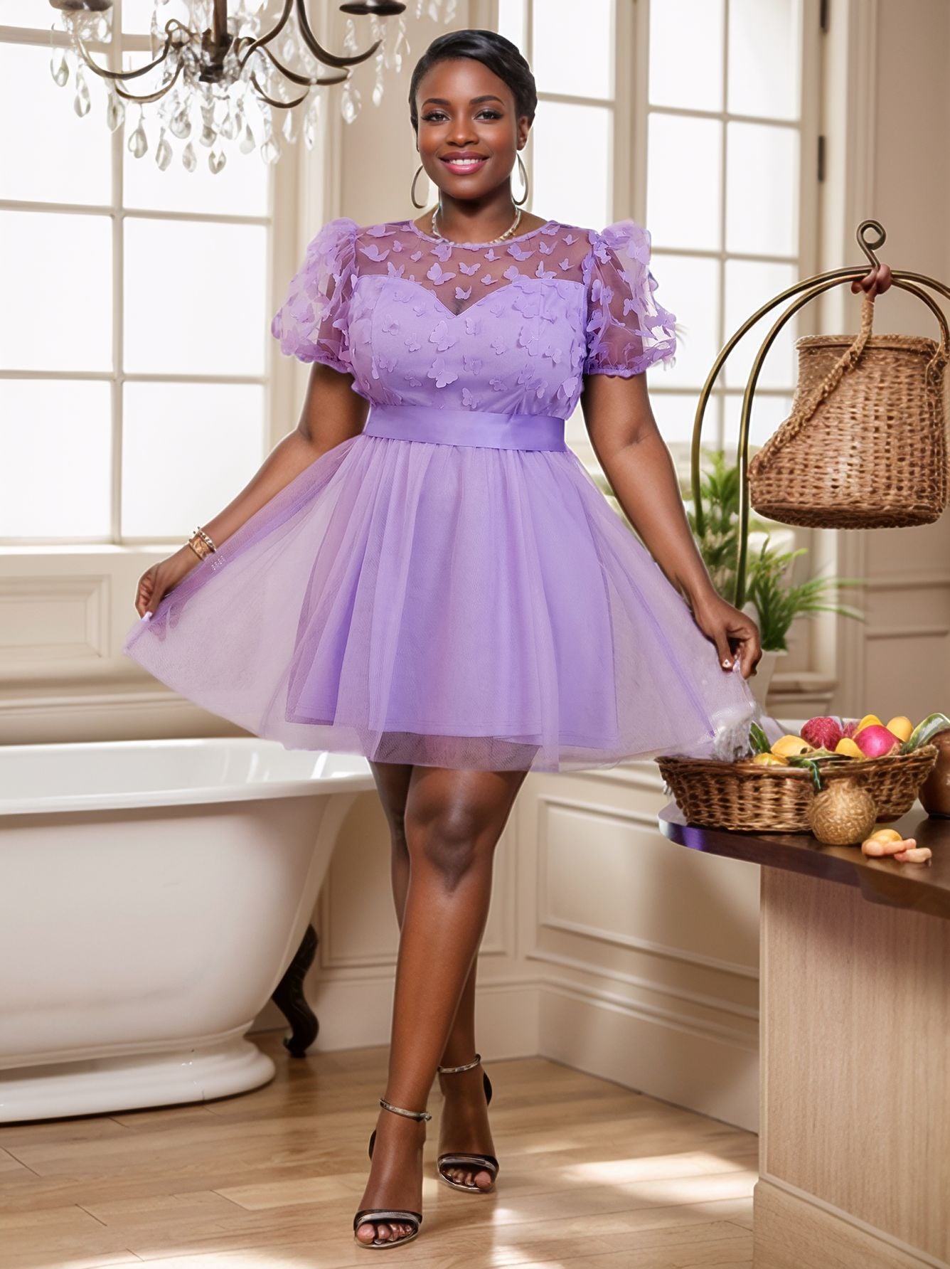 Women Puff Sleeve Butterfly Mesh Dress