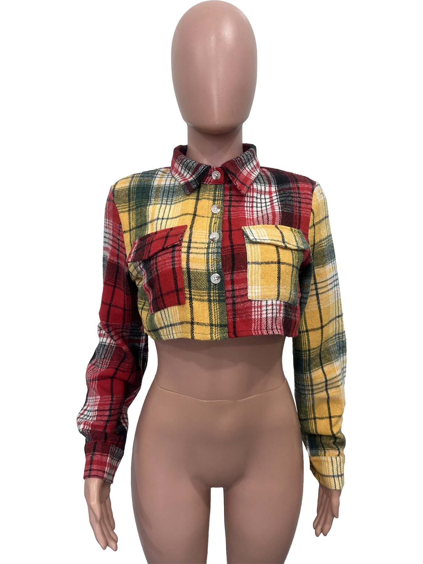 Women Plaid Button Turndown Collar Crop Coat 8