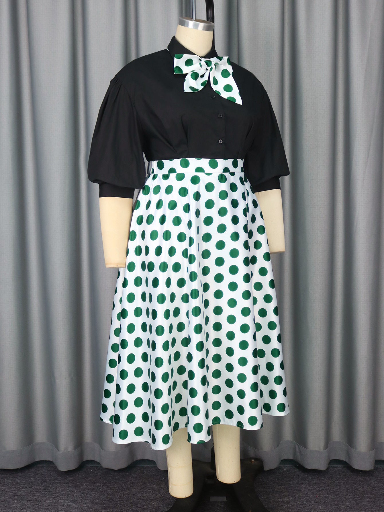 Plus Size Women's Elegant Chic Black Top Bow Polka Dot Skirt Set 6