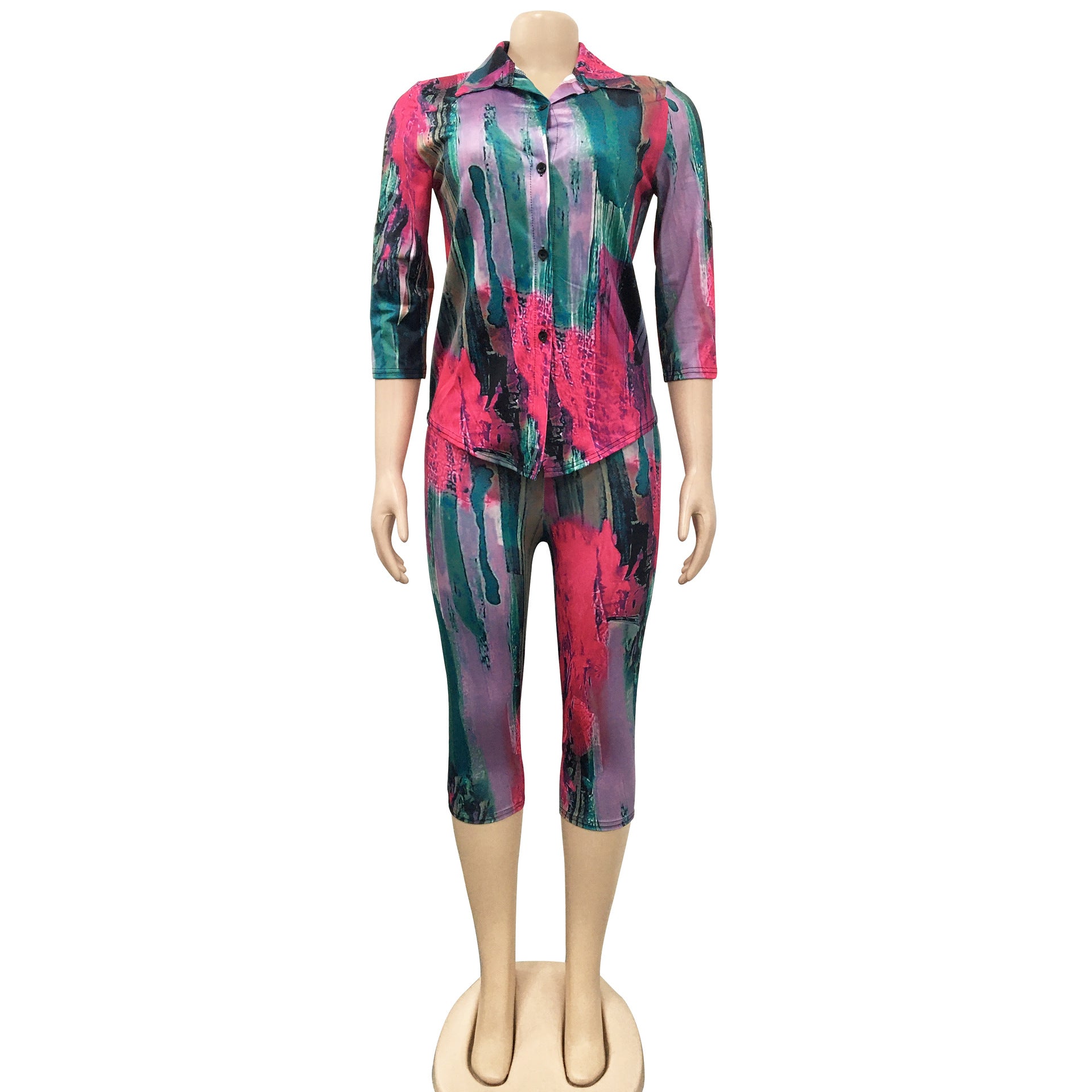 Casual Printed V-Neck Short-Sleeve Shirt Mid-Length Shorts Two-Piece Set 19