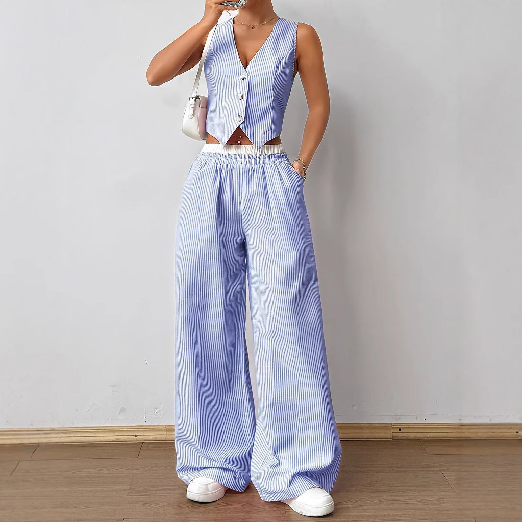 Summer contrast color striped sleeveless v-neck vest Wide Leg Pants Set 5