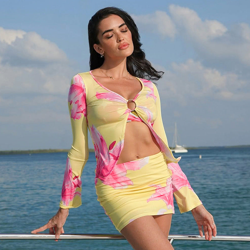 Women's Floral Print Long Sleeve Ring-Detail Slit Top & Tight-Fitting Skirt Two-Piece Set 4