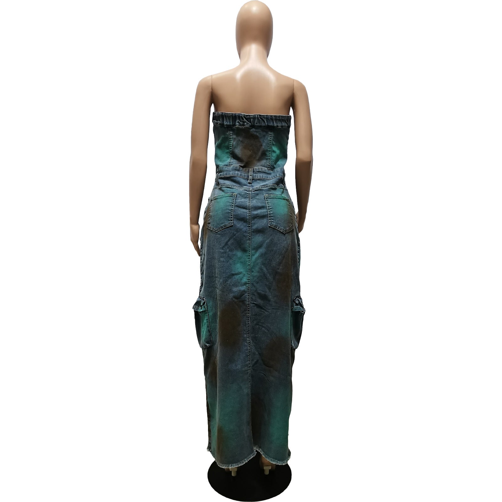 Women Sexy Strapless Off-Shoulder Tie-Dye Slit Cargo Denim Dress 10
