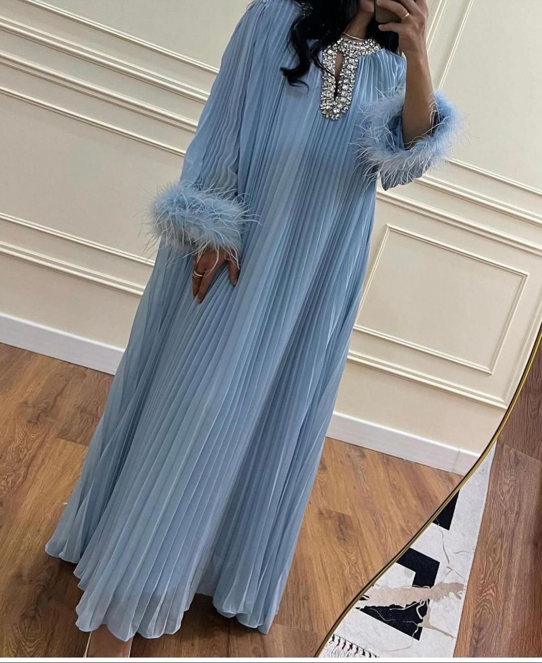 Women Round Neck Diamond Furry Patchwork Pleated Elegant Solid Dress 6