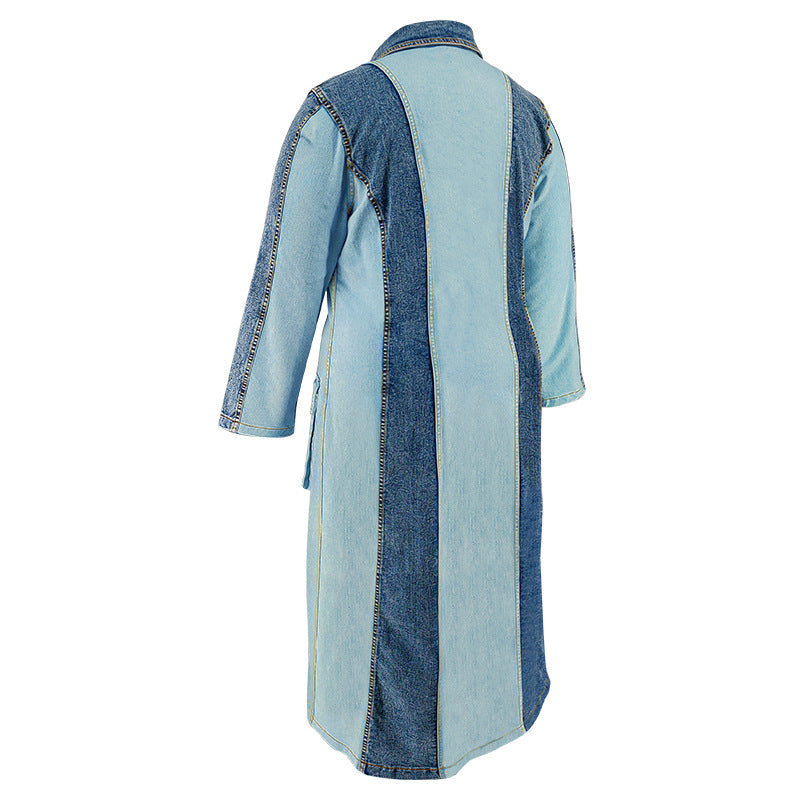 Plus Size Women's Denim Patchwork Turndown Collar Long Sleeve Long Dress 9