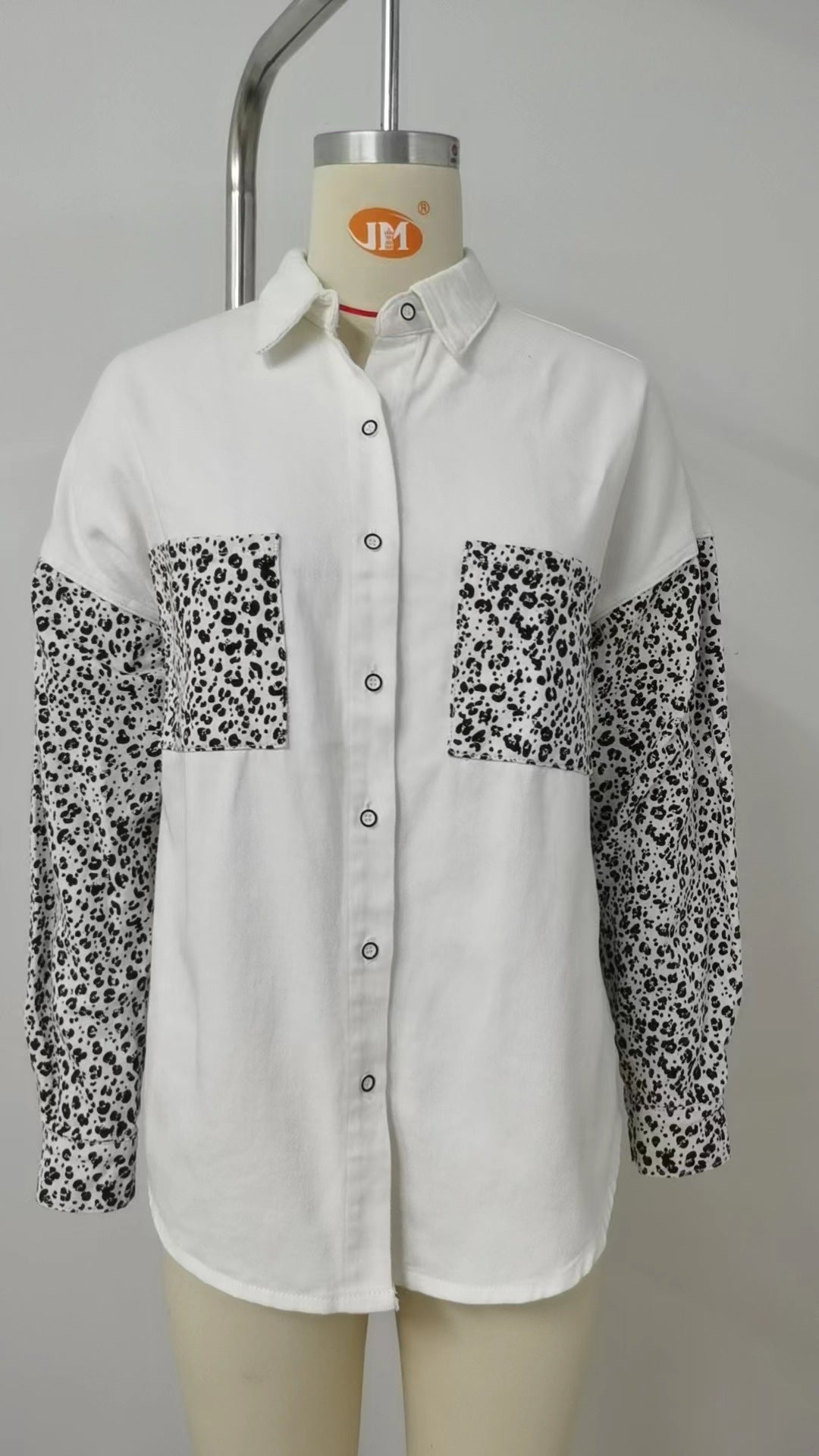 Women Loose Leopard Patchwork Denim Long Sleeve Shirt 14