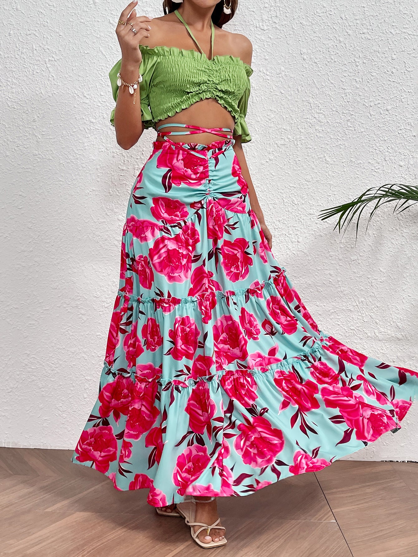 Holidays Long Skirt Set Off Shoulder Halter Neck Top Lace-Up High Waist Skirt Two Piece Set 5