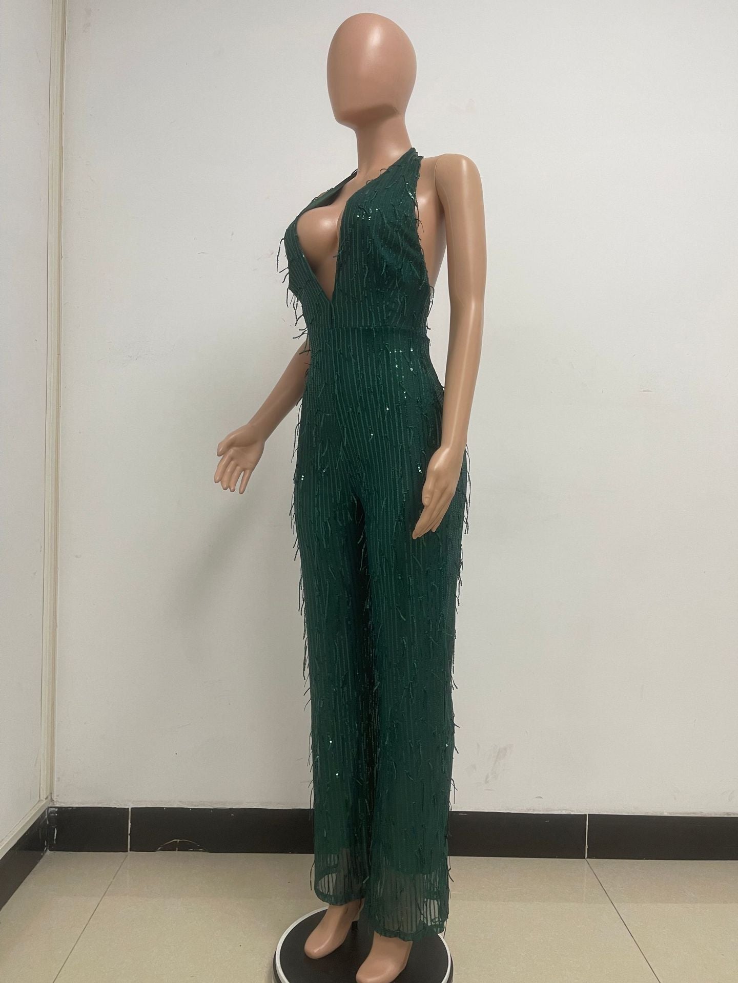 Women's Sleeveless Deep V Halter Neck Low Back Sequin Jumpsuit T 20