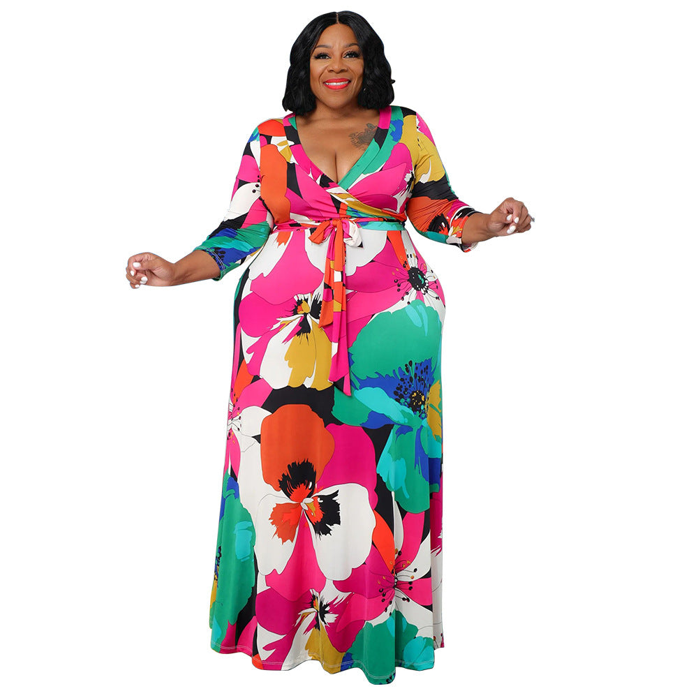 Plus Size Women Pocket Tie Printed Dress 5