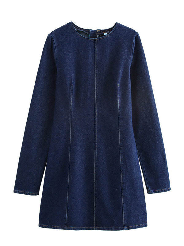 Women Solid Round Neck Long Sleeve Bodycon Denim Dress 4
