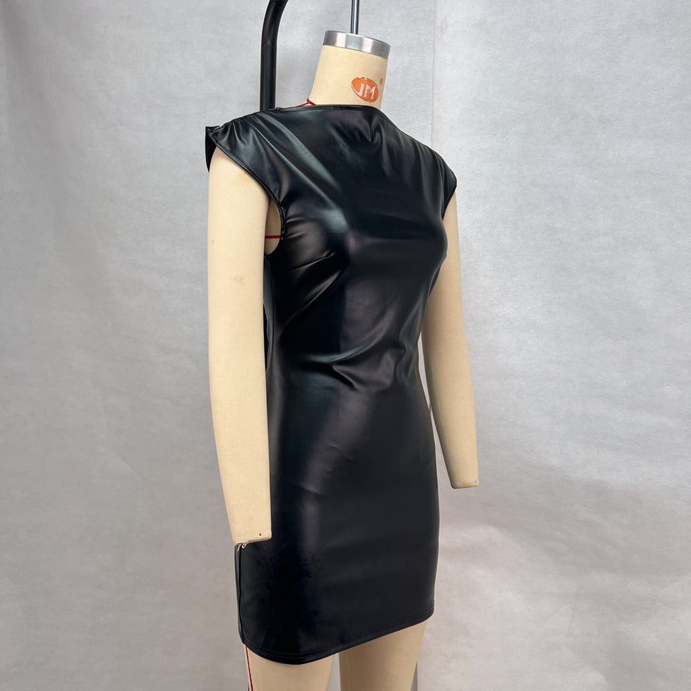 Women pu Leather Patchwork Sexy Sleeveless Zipper Bodycon Dress 9