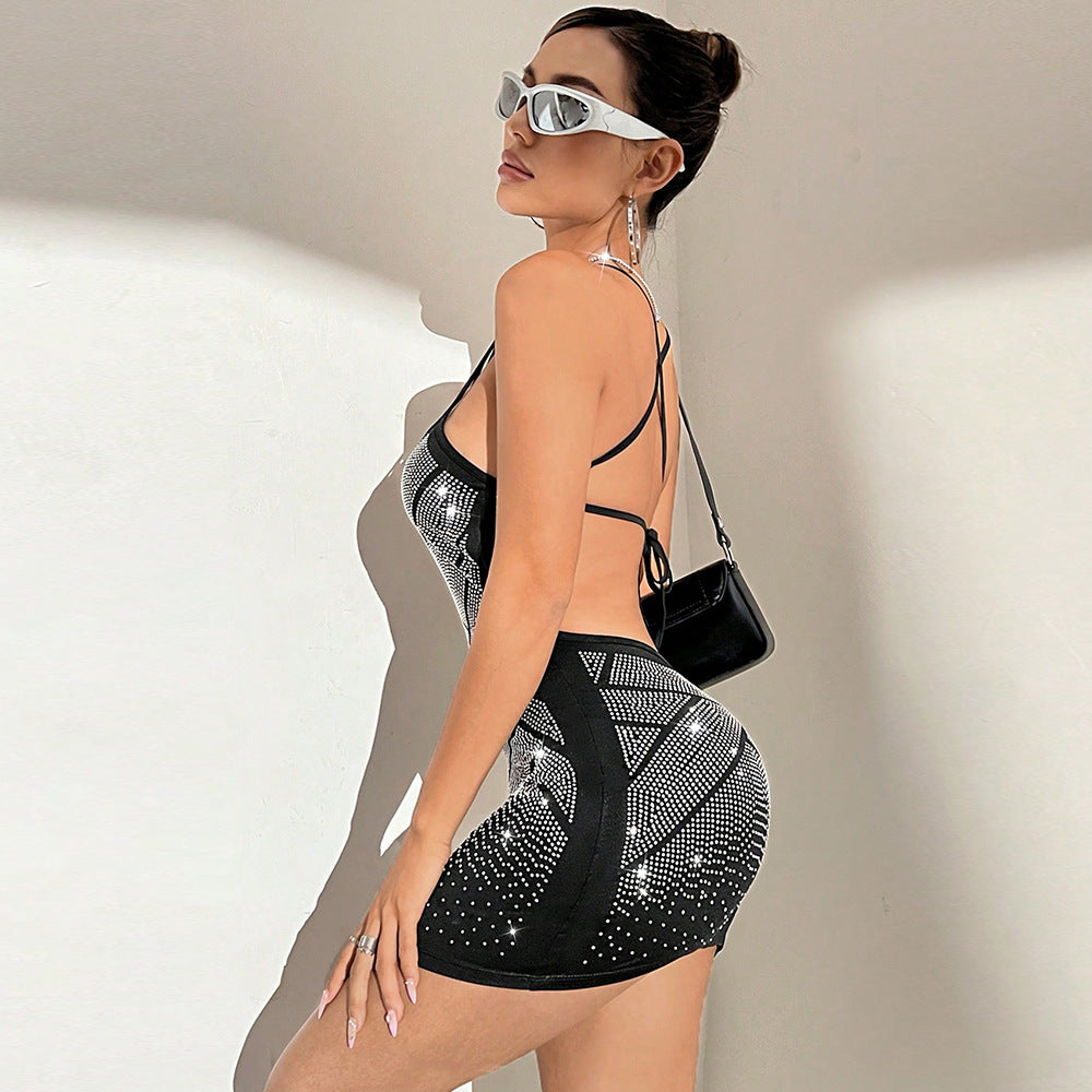 Beaded Cross V-neck Strap Sexy Tight Fitting Black Dress 3