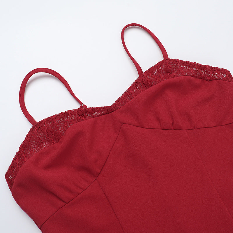 Women Suspender Lace Patchwork V Neck Dress 10