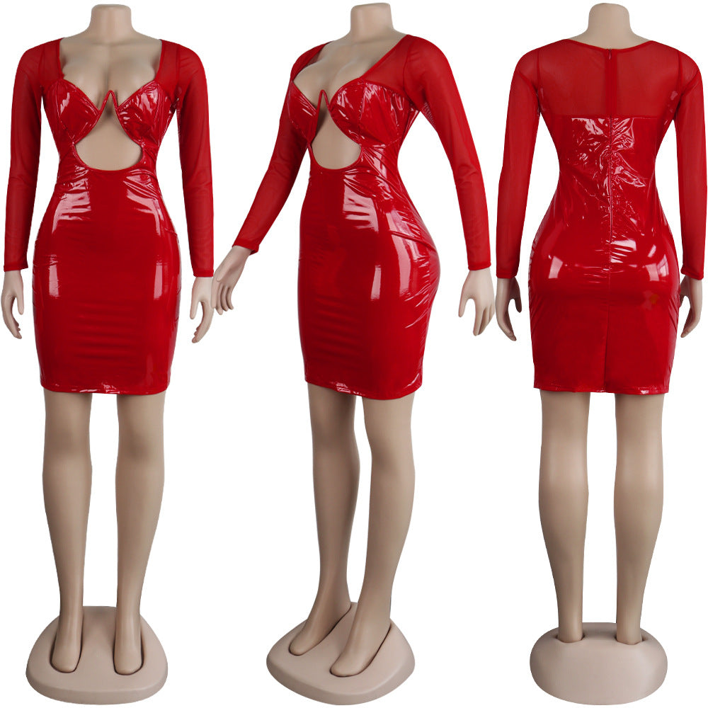 Sexy Women's Solid Color Mesh Leather Patchwork Hollow Long Sleeve Party Dress 7