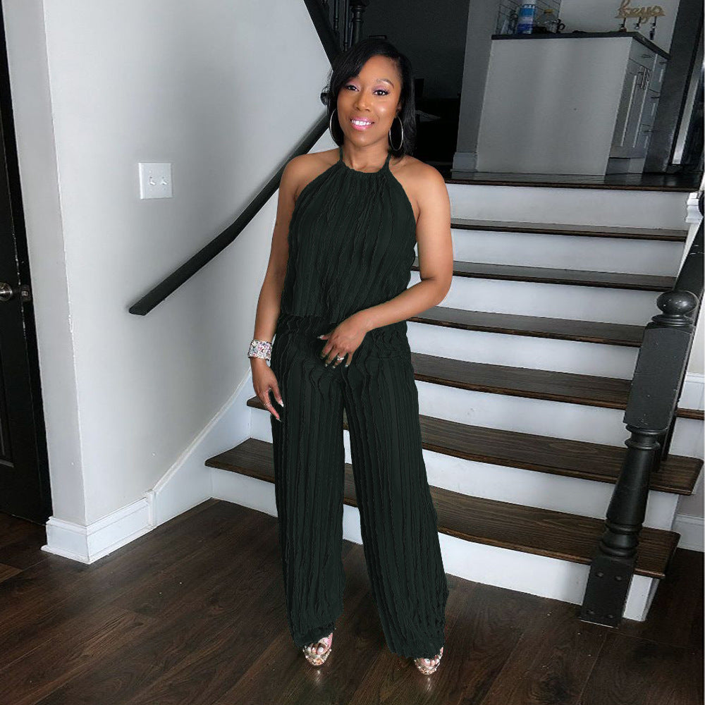 Summer Sexy Halter Neck Low Back Sleeveless Ruffle Women Two Piece Pants Set 5